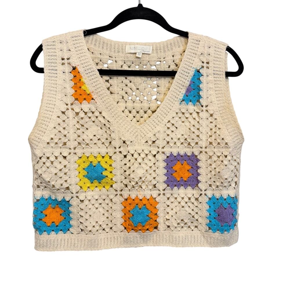 Rebellion Crochet Granny Square Crop Vest Top M Cream Boho Retro Festival Hippie